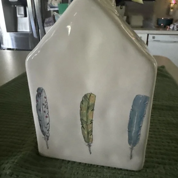 Rea Dunn Ceramic Birdhouse with Feather Design and Yellow Ribbon - Picture 3 of 9